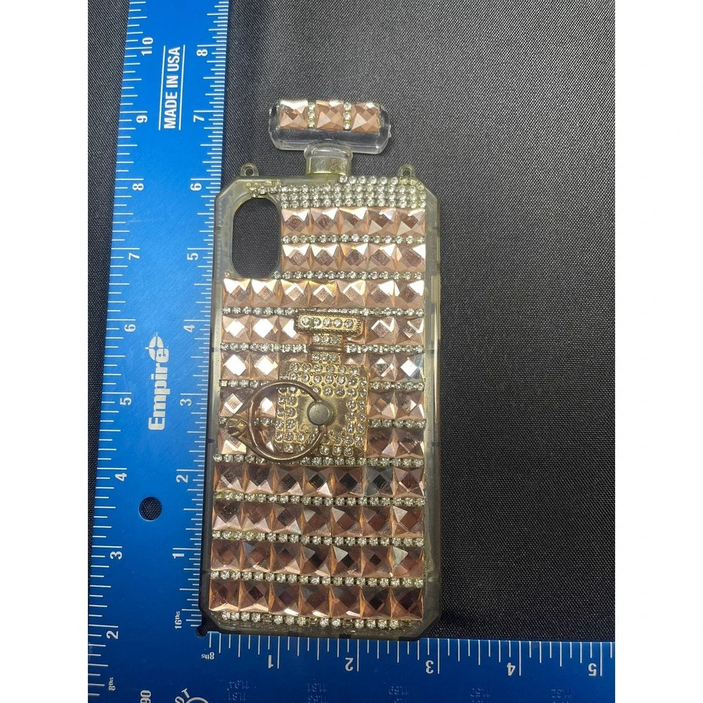 Rose Gold Perfume Bottle Rhinestone Phone Case with Ring Stand Glam Bling